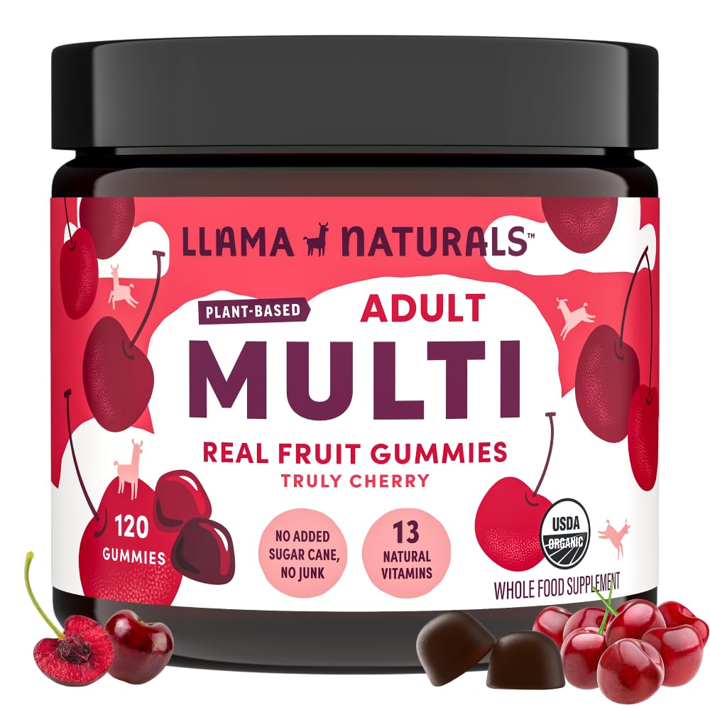 Lama Naturals Multivitamin dla kobiet i mężczyzn, Wegan, Organic Gummies z witaminą D, C i K, Dorośli Prawdziwe owoce Gummy Witaminy, suplement do żucia Multivitamin, Nie dodawany trzciny cukrowej, Cherry, 120 Ct
