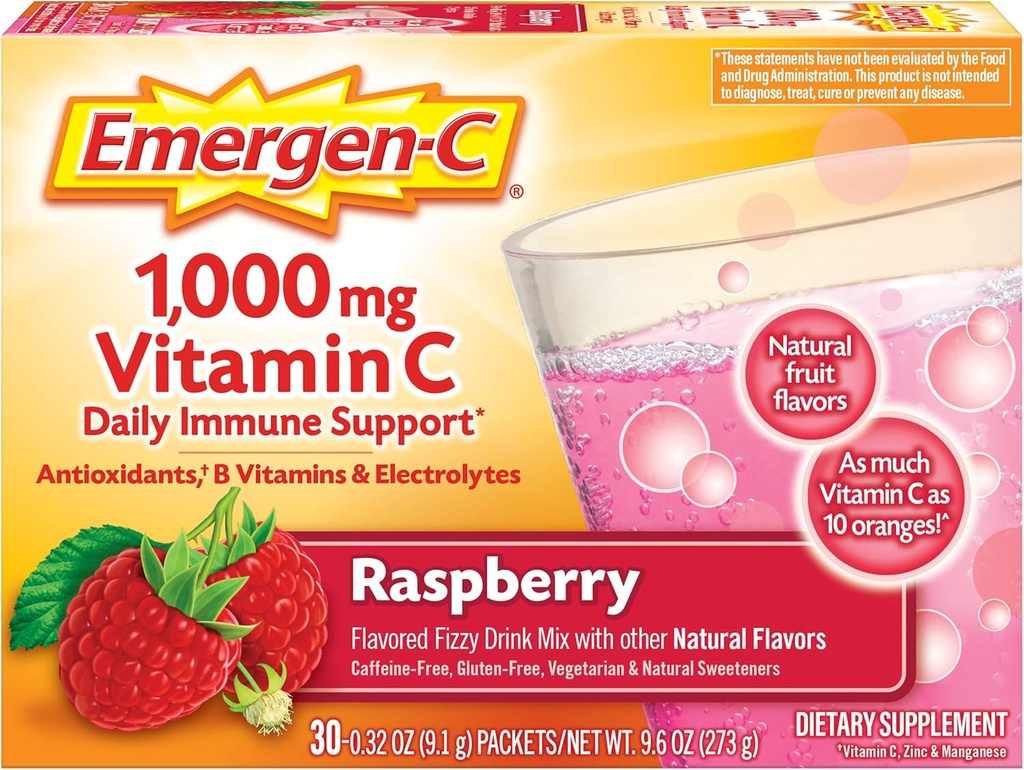 Emergen- C 1000mg Witamina C Proszek, Z przeciwutleniaczami, Witaminy B i elektrolity, Suplementy odporności dla immunologicznego wsparcia, Kofeina Free Fizzy Drink Mix, Malina Flavor - 30 Count / 1 Miesiąc dostaw