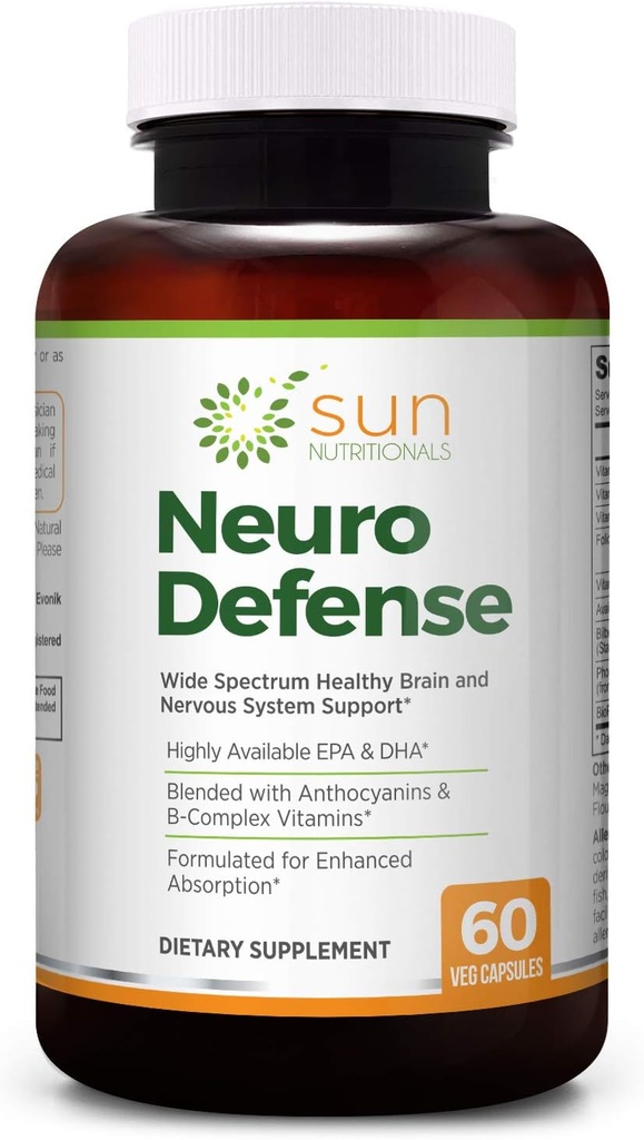 Neuro Defense with Omega-3 Fatty Acids EPA & DHA, Antocyjaniny z Bilberry Extract, B- Complex Vitamin, Vitamin C & D3, Phosphhatidylcholine, 60 VCaps, Non-GMO, Gluten Free