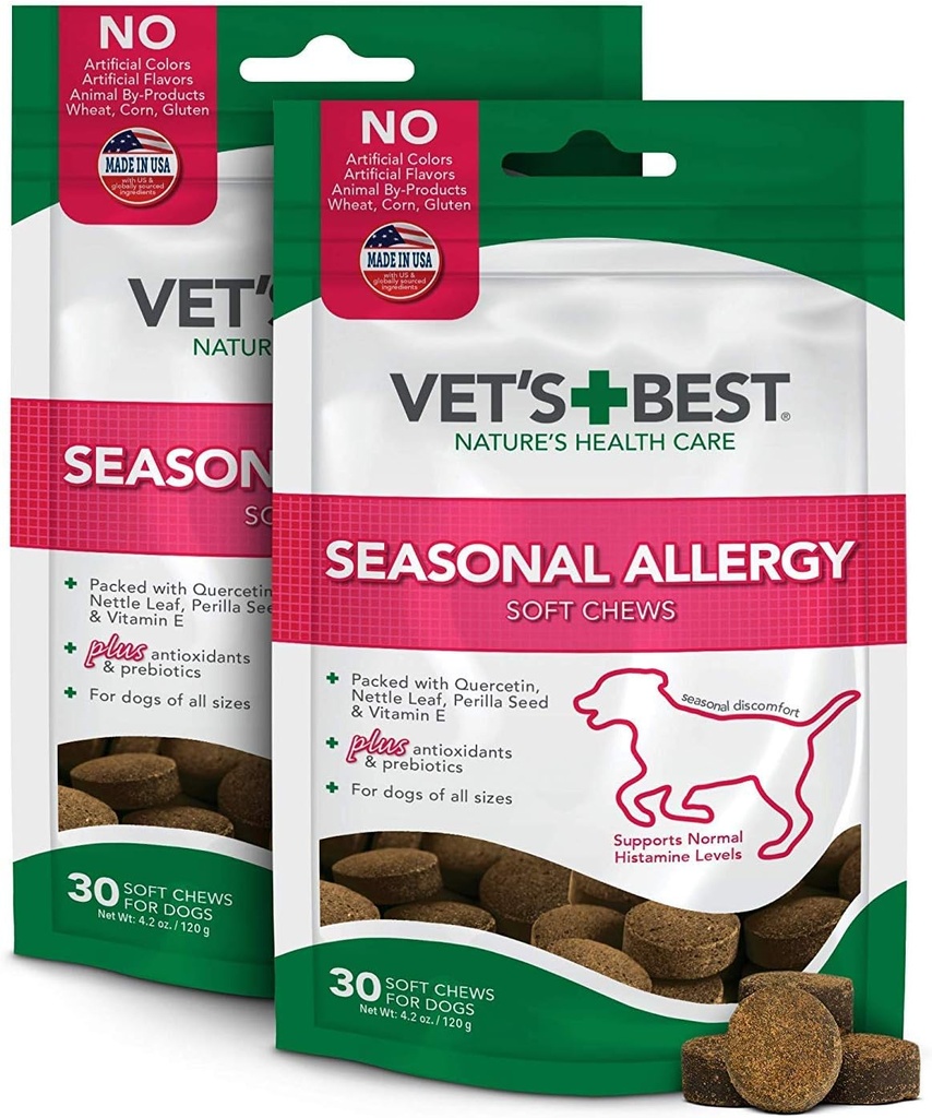 Vet 's Best Sezonowa alergia miękkie Chew Dog Supplements 124; Koi psy podrażnienia skóry Ze względu na sezonowe alergie 124; Zachować poziom histaminy 124; 50 tabletek do żucia, 30 Hrabia (Pack of 2)