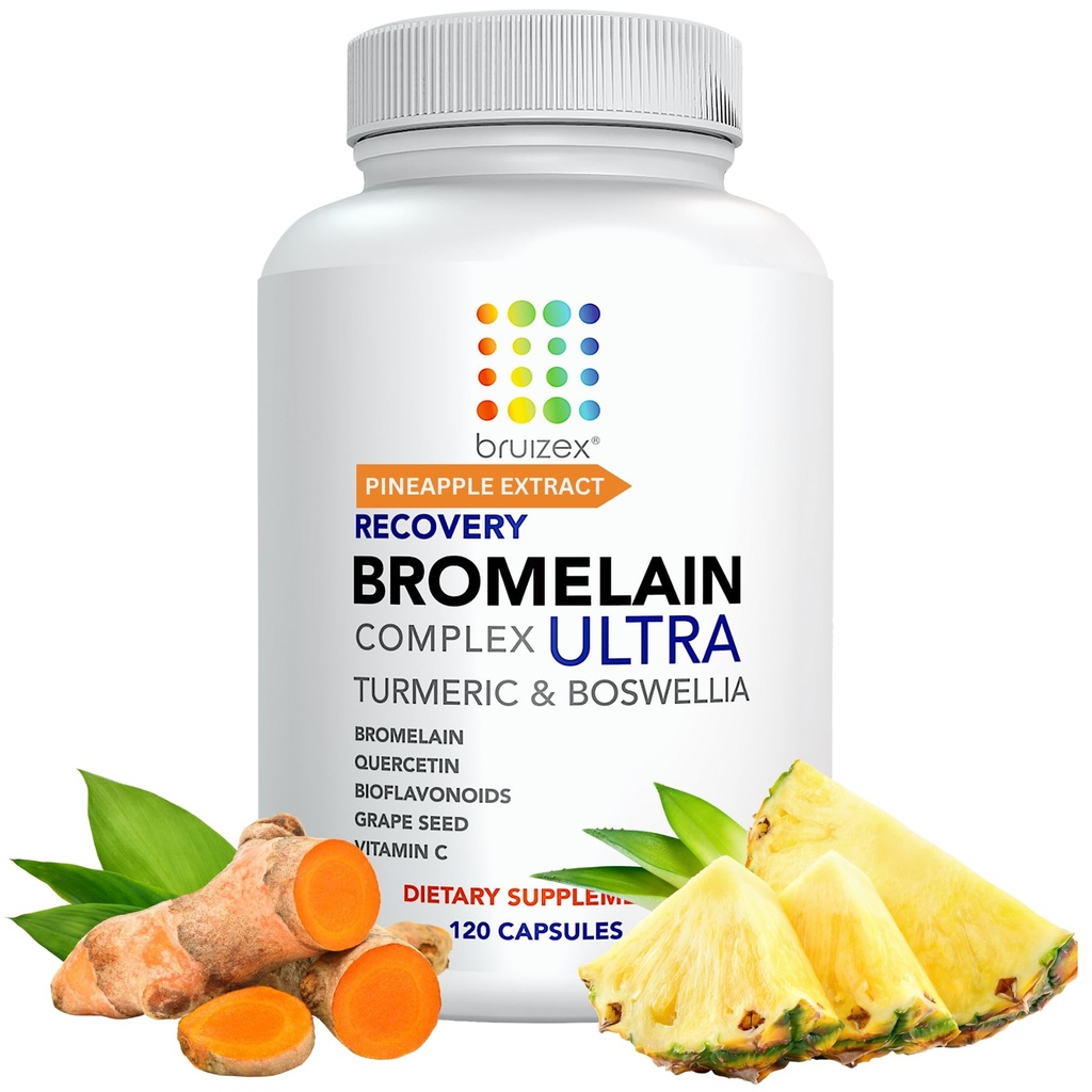 Bruizex Ultra Bromelain i Quercetin Bruising Relief Supplement, 120 Kapsułki Relief 124; Bruized Skin, Odzysk urazowy i Obrzęk Surgery Supplements Agreements 124; Zawiera Bromelain, Quercetin, Turmeric i Boswelia