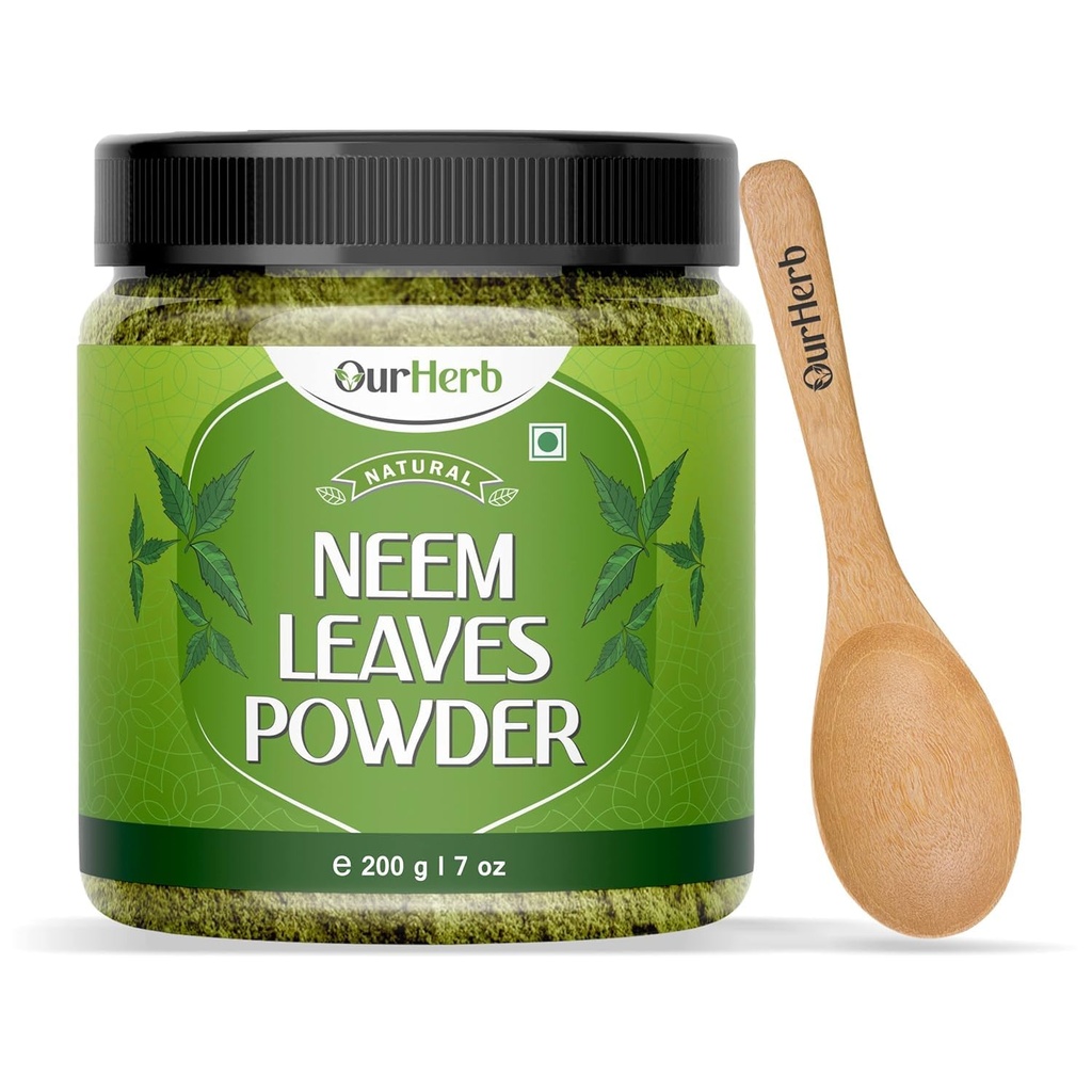 Czysty Neem Leaves Proszek Naturalne rozwiązanie dla Pimple- Free Clear Skin & Silky Hair, Idealny do pakowania twarzy, Pielęgnacja włosów, i Pigmentation Support z drewnianą łyżeczką - 200g