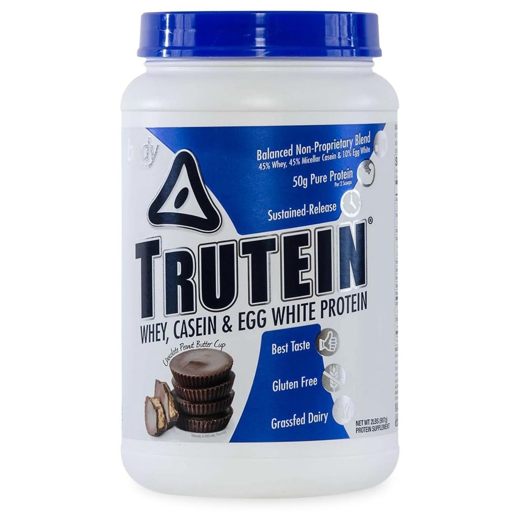 Body Nutrition Truteina Wysoki poziom białka Proszek: 45% Serwatka, 45% Kazeina, 10% Jajko białe, Bezglutenowe, Niski Sodu, Pasza trawiasta Białko serwatki Proszek, Suplement gimnastyczny i śniadanie Wstrząs, Czekoladowy masło orzechowe, 2lb