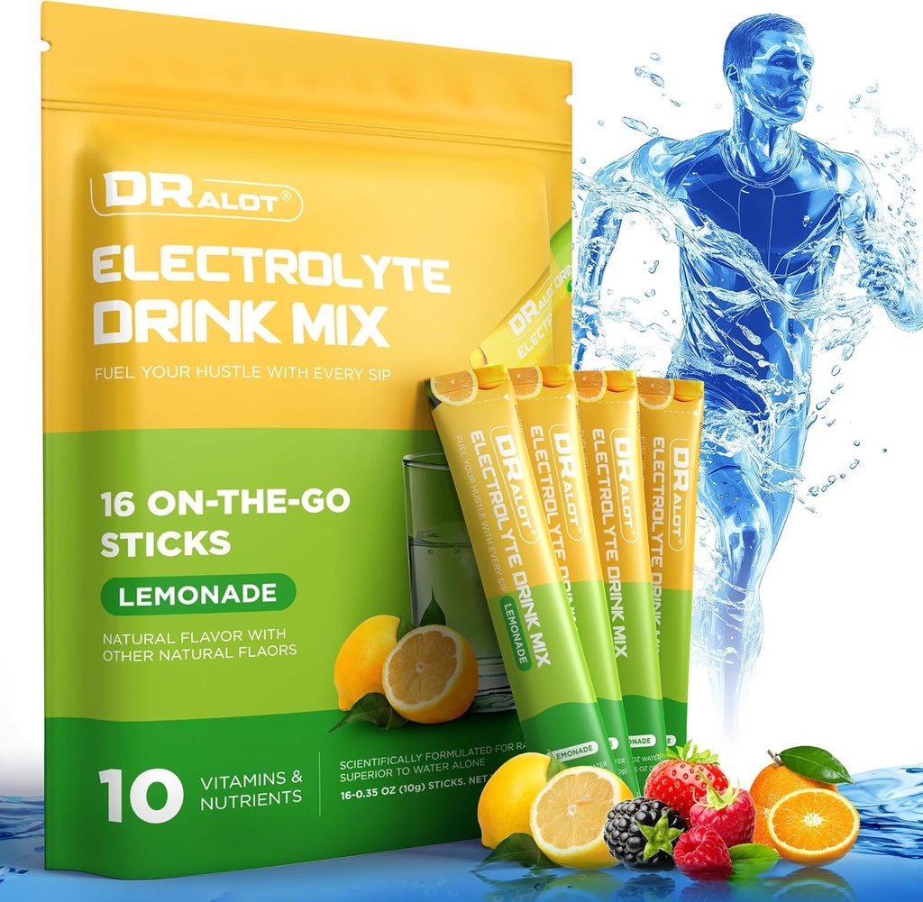 Proszek bez elektrolitów cukrowych z naturalnymi aromatami, 3X Rapid Hydration Pakiety z 10 Elektrolity i witaminy, Płynne Daily IV, Non-GMO, Gluten- Free, Keto, Wegan, 16 Sticks, Lemon