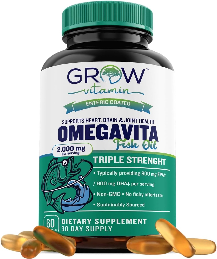 wzrost witaminy OmegaVita Fish Oil: 800 mg EPA 600 mg DHA Omega 3 Suplement do Serca, Mózg i Wsparcie immunologiczne, Absorbowalne Triple Strength Fish Oil Supplement - 2000 mg Per Serving, 30 Day Supply