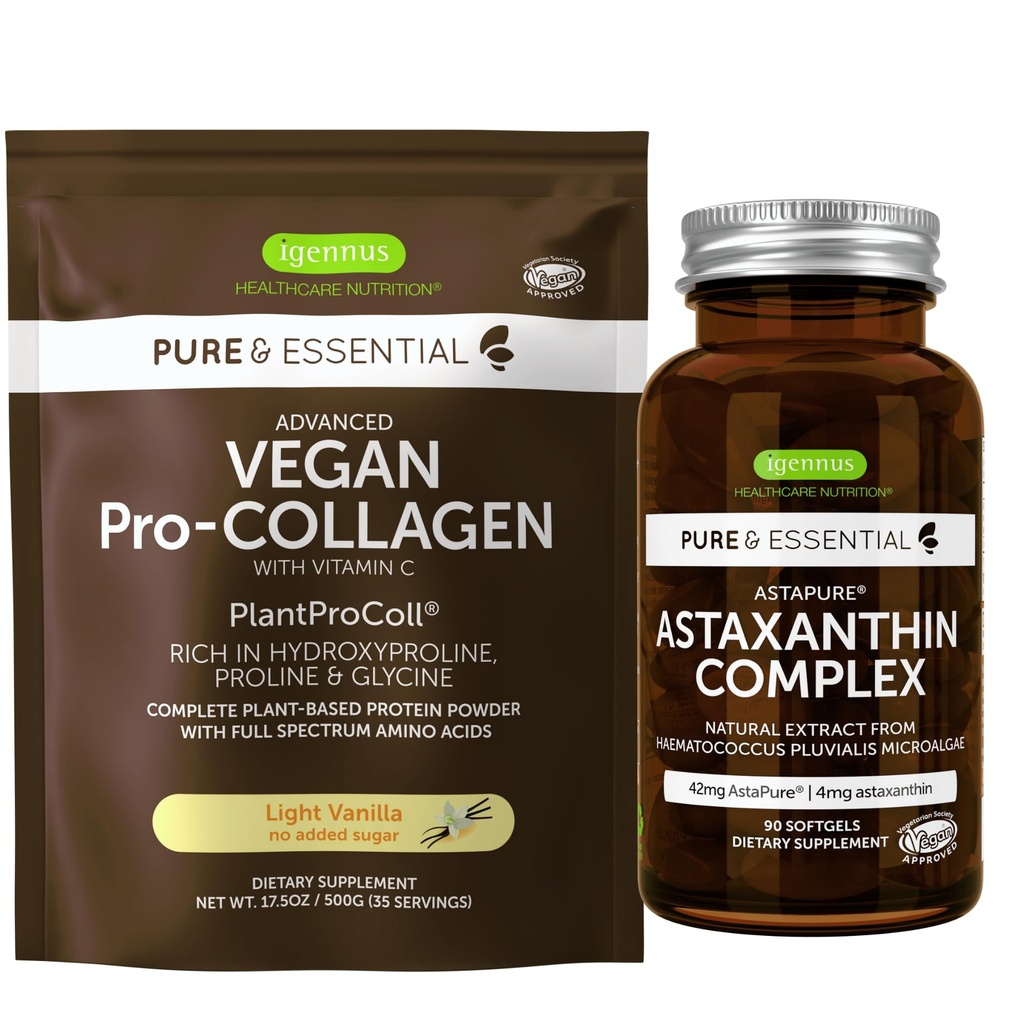 Wegański Vanilla Collagen Protein Powder + Astaksantyna Complex Vegan Bundle, Kolagen Boosting Formuła + Natural 4mg H. Pluvialis Astaksantyna do włosów, skóry i paznokci, przez Igennus