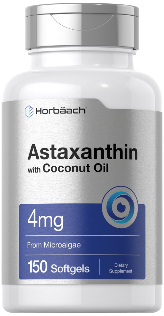 Horbäach Astaxanthina 4 mg / dobę 124; 150 Softgeli 124; Suplement z mikroalg 124; z oleju kokosowego 124; Non- GMO, Gluten, Soy Free