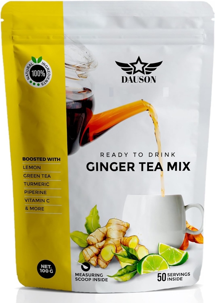 Imbir Lemon Herbal w proszku - Odświeżający Mieszanka z lukrecji, Turmeric, Bezkofeinowa zielona herbata, Witamina C - Kawiarnia - Wolny, Wegan, Przyjazny do Gut Detox Tea - 50 Służenia