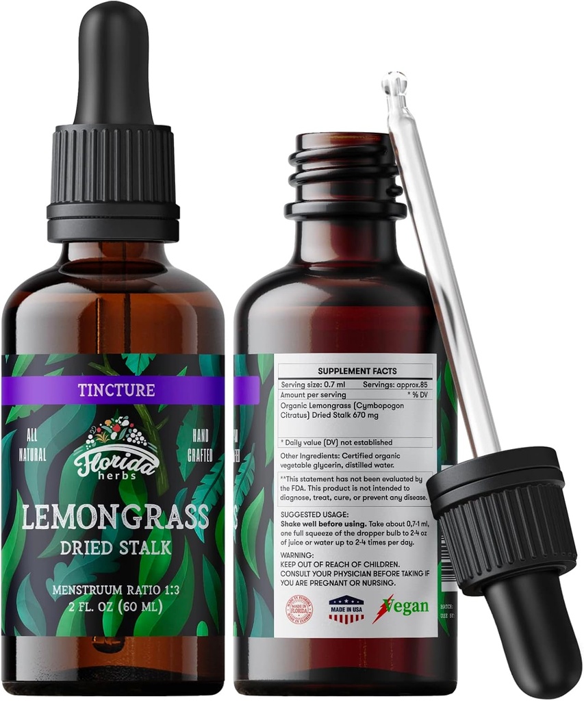 Lemongrass Tincture, Organic Lemongrass Extract (Cymbopogon Citratus) Herbal Supplement, Non-GMO in Cold-Pressed Organic Vegetable Glycerin, 700 mg, 2 oz (60 ml)