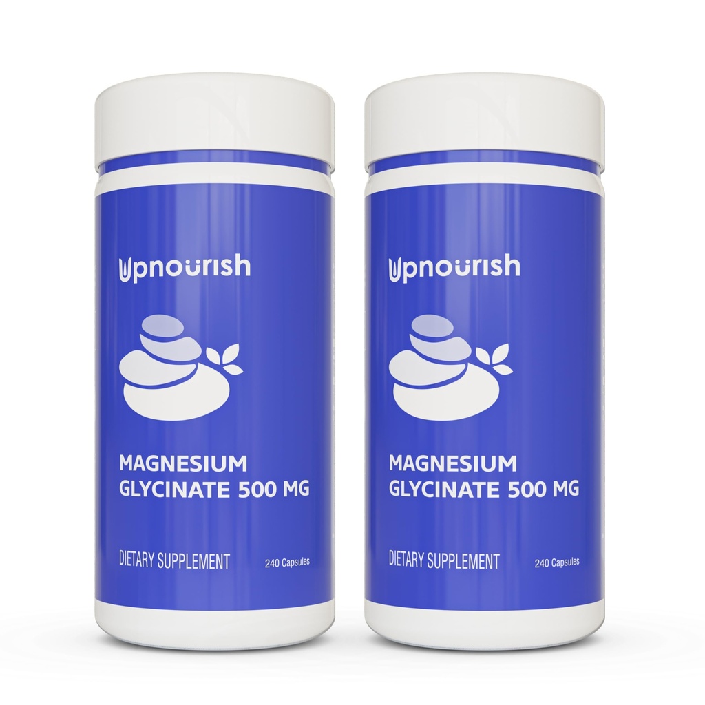 UpNourish Chelated Magnezu Glicynian 500 mg Kapsułki - Chelat magnezu do wysokiej absorpcji - Czysty suplement magnezu do uspokajania, Kurcze nóg, Relaks mięśniowy 480 Kapsułki