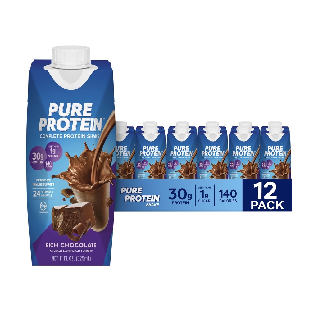 Pure Protein Chocolate Protein Shake, 30g Kompletne białko, Gotowy do picia i keto- Friendly, Witaminy A, C, D i E plus Cynk do wspierania immunologicznego zdrowia, 11oz butelek, 12 Pack
