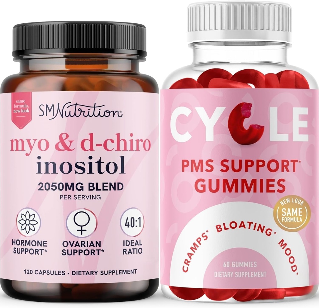 SMNutrition PMS Support Gummies & Myo- Inositol & D- Chiro Inositol Bilans 124; Hormon Balancing Bundle z 40: 1 Stosunek suplement inozytolu (30 Służenie) i Herbal Cycle Support Gummies dla kobiet (30 Służenie)