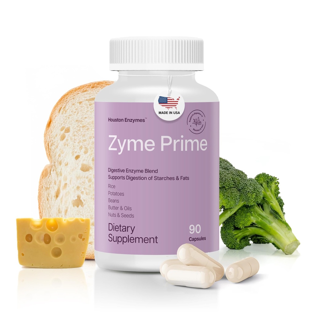 Houston Enzymy - Zyme Prime - 90 Kapsułki - Enzymy trawienne Kobiety i Mężczyźni, Trawienie węglowodanów, Tłuszcz i Białko Rozkład, Pomaga Nietolerancje, Bloating & Gas, Suplement do Zdrowia trawiennego