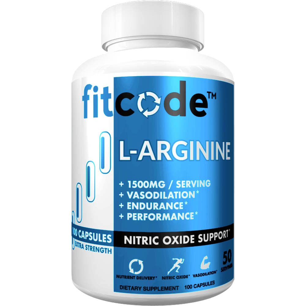 fitcode Pure Extra Strength L- Arginine HCl 1500mg, Nitric Oxide Supplement for Vascularity, Pompy, Endurance, Performance, Muscle Growth, Energy, Powerful N.O. Pompa mięśniowa kapsułki (50 Servings)