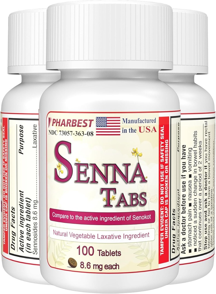 Senna Tablets 100 Ct. Xi124; Natural Vegetable Laxative [Made in USA] Xi124; Laxative for Conservations, Colon Cleanser, Detox Cleanse, Conseef dla dorosłych Dzieci 8.6 mg, Stool Softener Plus (1 butelka)