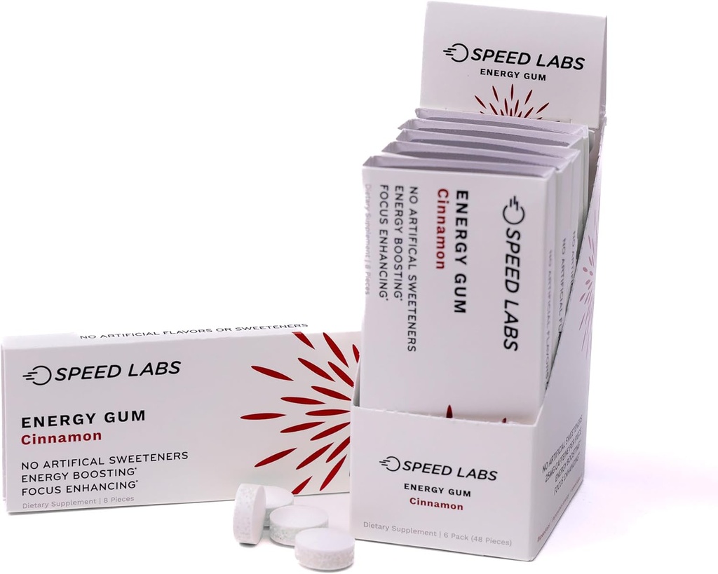 Speed Labs Cynamon Natural Cafeline Energy Gum 25mg Kofeina, Tauryna, B Witaminy na kawałek, 48 Kawałki (6 opakowań po 8) Cukier wolny, Zero Kalorii, Naturalny Sweetened, Gluten wolny