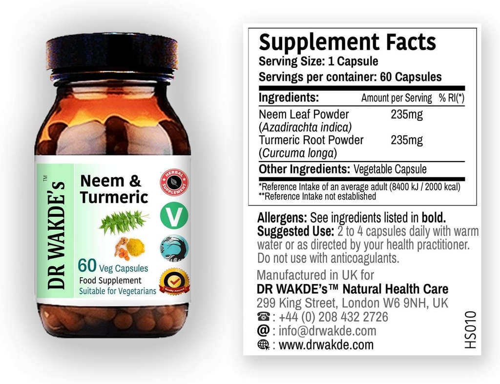DR WAKDE Neem & Turmeric kapsułki 124; 60 Veg Caps 124; Ayurvedic Supplement Neem & Turmeric Capsules 124; 100% Ziołowe 124; Zniżki ilościowe 124; Ten sam dzień wysyłki