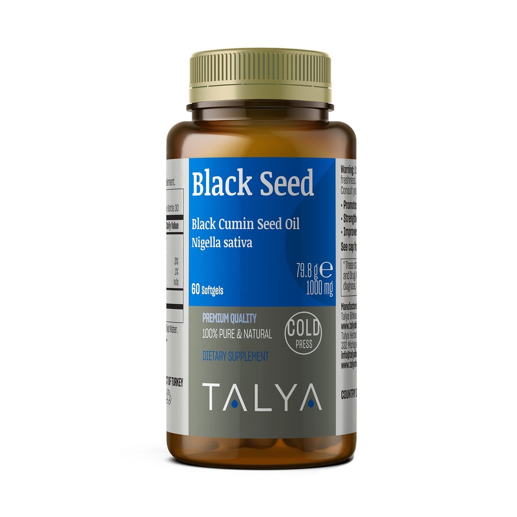 TALYA Black Seed Oil Softgel z wysokim Thymoquinon - Immune Support - Digestive Health - Function Brain - Joint Mobility - Cold- Pressed from Non-GMO Turecki Czarny Kmin Nigella Sativa Nasiona