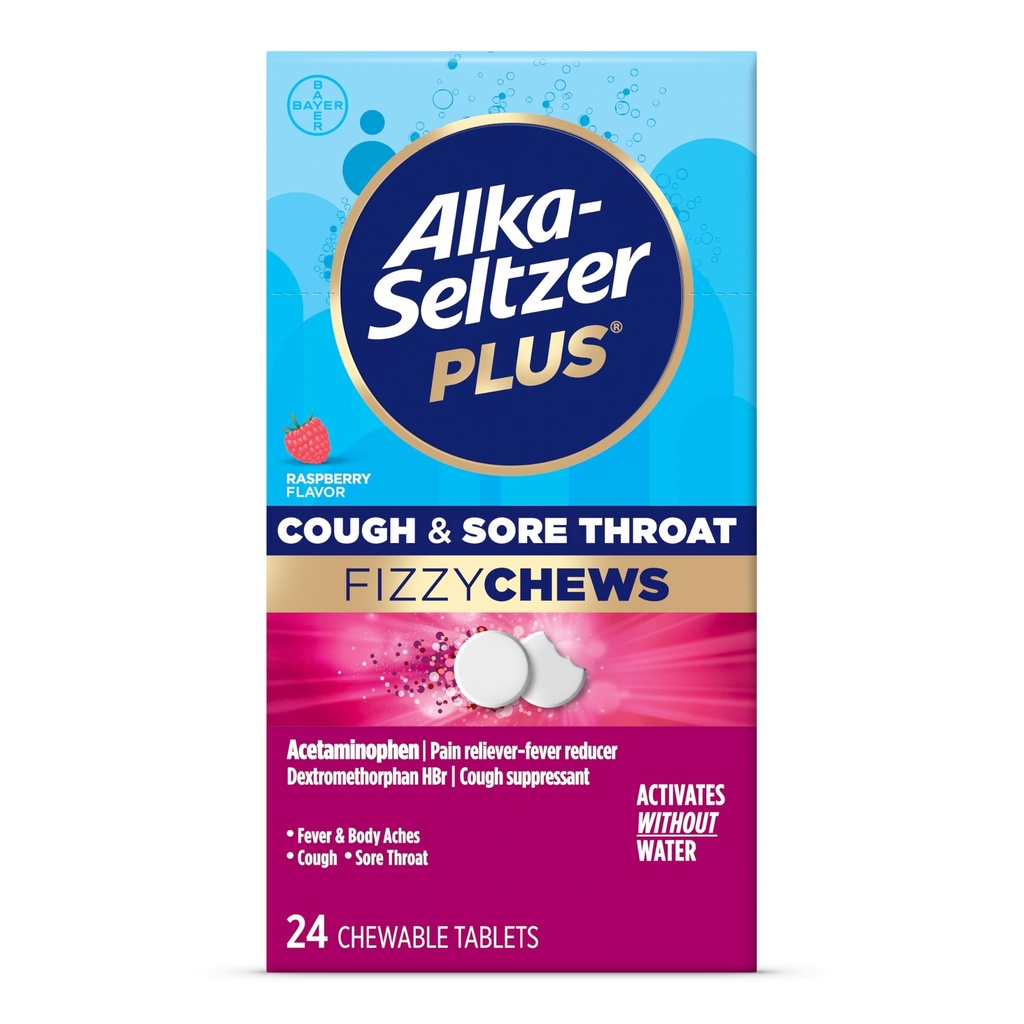 Alka- seltzer Plus kaszel & ból gardła Fizzy Chews, Brak wody potrzebne, Na Go ból gardła ulgi dla dorosłych, Malina Flavor, 24 Hrabia