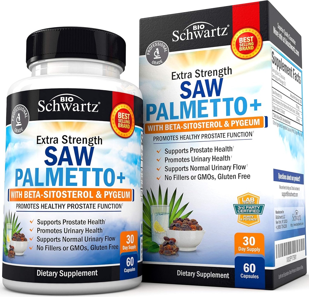 Saw Palmetto for Men with Pygeum Bark Extract and Beta- Sitosterol - Pomaga Prostate Health and Healthy Prostate Function - Promotes Urnary Health and Normal Urnary Flow - Non GMO Gluten Free 60 Ct