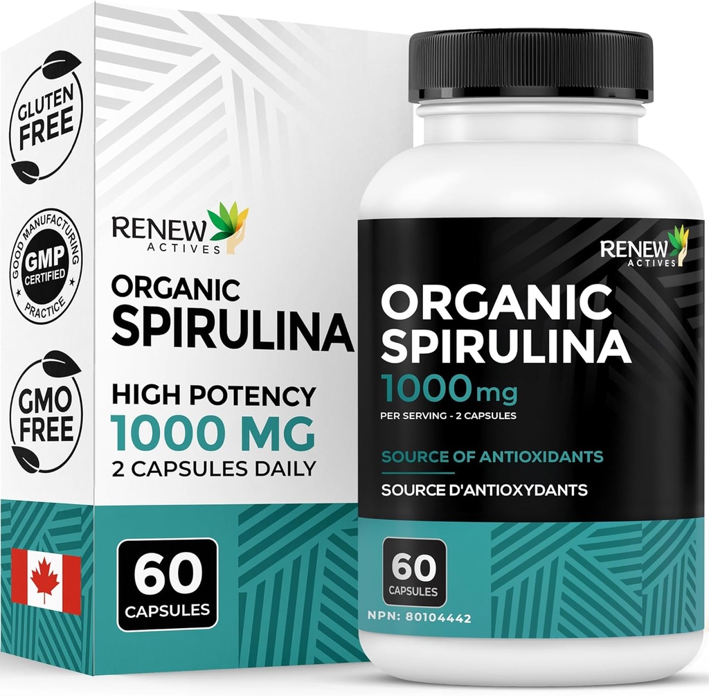 Renew Actives Organic Spirulina 1000MG na 2 kapsułki - Superfood for Men & Women - Wsparcie energii, Wellness & Immune Function - Bogaty w przeciwutleniacze i składniki odżywcze - Made in Canada - 60 kapsułki