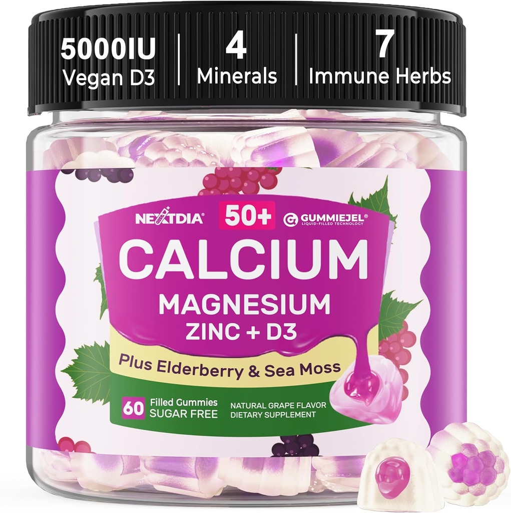 Suplementy wapnia Gummie dla kobiet i mężczyzn 50 +, Cytrynian wapnia 1000mg z witaminą D3, Magnez, Cynk, Elderberry, Wysoka Absorpcja Wapnia Żaby dla gęstości kości, Rozluźnienie mięśni, Immune, Wegan 60ct