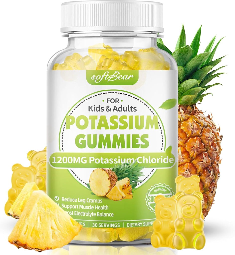 softbear Chlorek potasu Gummies 1200mg, Gummeje potasu bezcukrowe dla dorosłych Wsparcie dla nóg Krampy Wysokiej mocy suplement chlorku potasu, Smak ananasowy 60