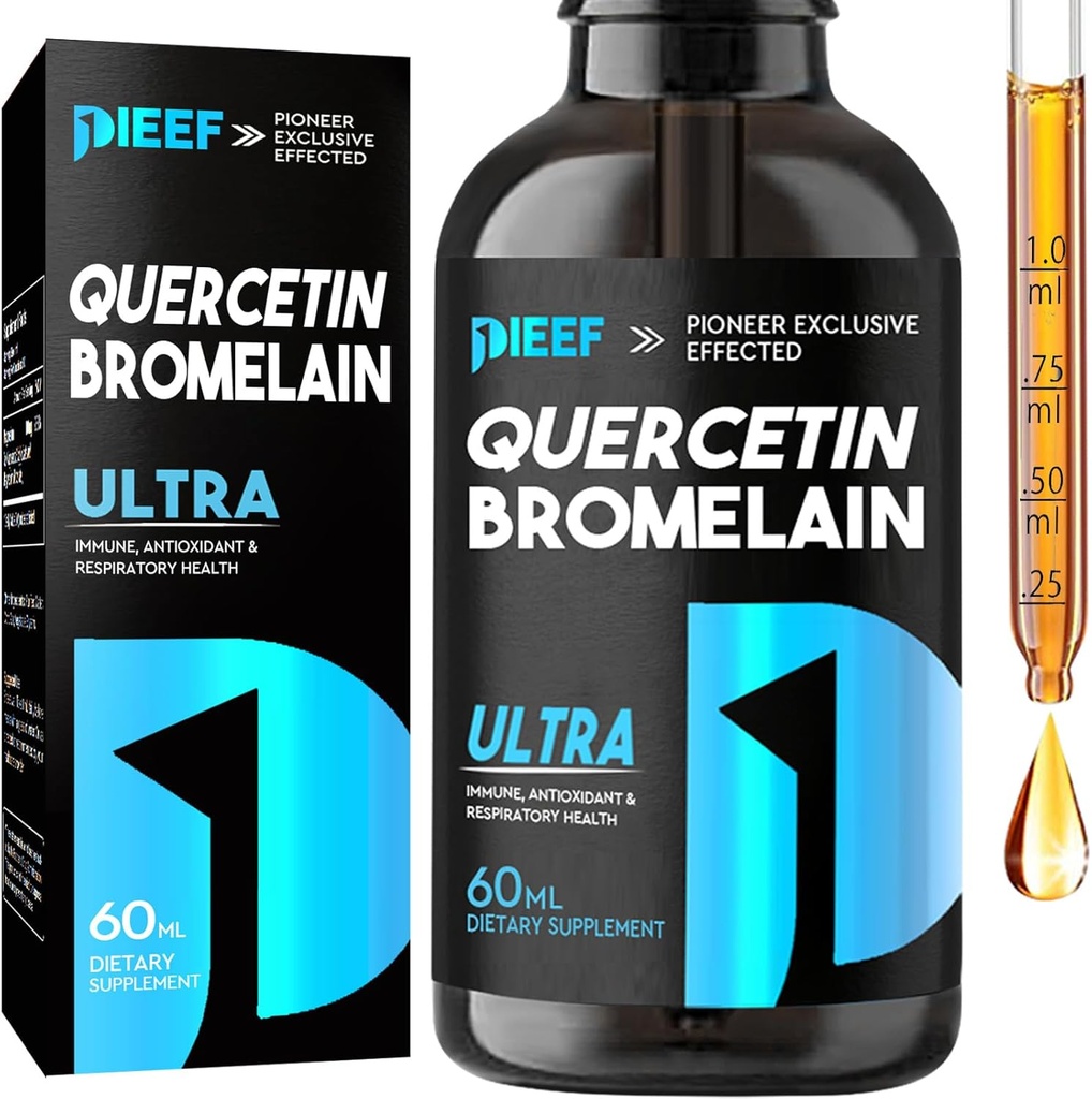 Quercetin z kroplami płynnymi Bromelain, suplementy Quercetin 1000mg, wsparcie immunologiczne dla układu oddechowego, 7- in-1 Krople płynne Quercetin z cynku