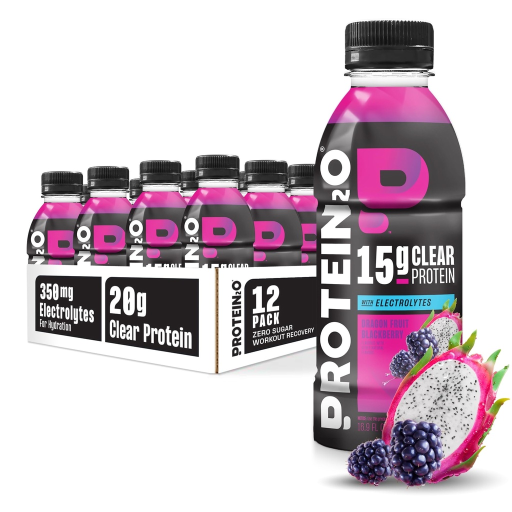 Napoje nawadniające protein2o - 2- in-1 Płynny klarowny izolat białka serwatki i napój elektrolitowy - 15 g białko, witaminy B5, B6 - Post- Workout Recovery - 16.9 Fl Oz - 12 Smoczy owoc