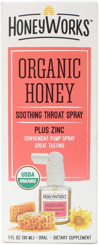 HoneyWorks Adult Throat Spray for Sore Throat Relief, 1 Oz, Soothing Non-GMO USDA Organic Dark Honey + Cynk, Fast- Acting Relief, Wiek 12 Lat +