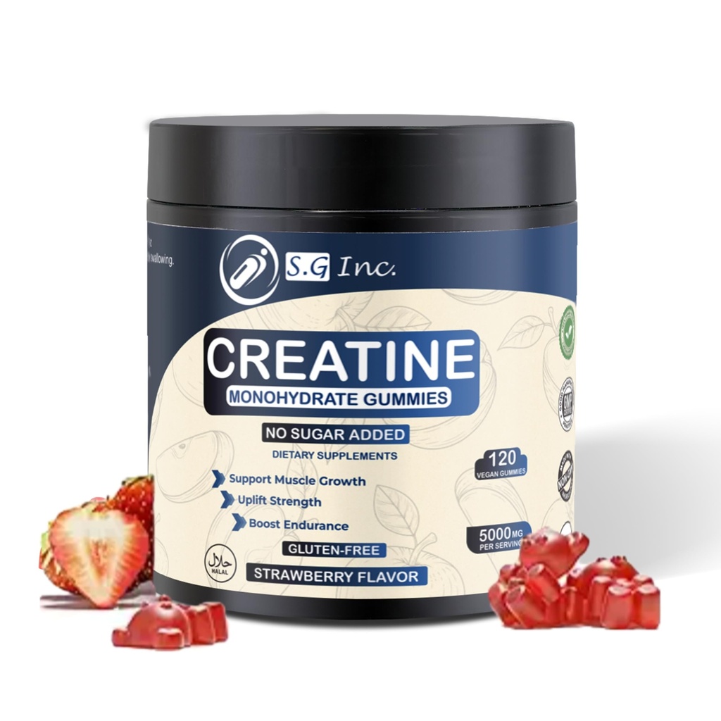 S.G Creatine Monohydrate Gummies for Men & Women ‒ Sugar Free - Vegan - 5g Creatine for Muscle Support ‒ Pre-Work Out Chewable Supplements for Energy Boost ‒ Strawberry Flavored 120ct Gummies.