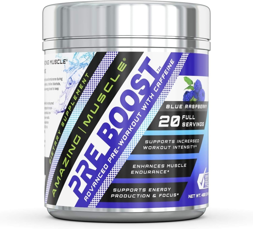 Niesamowite Muscle pre Boost Formuła z suplementem kofeiny 124; 20 Sług na pojemnik 124; Niebieski aromat malinowy