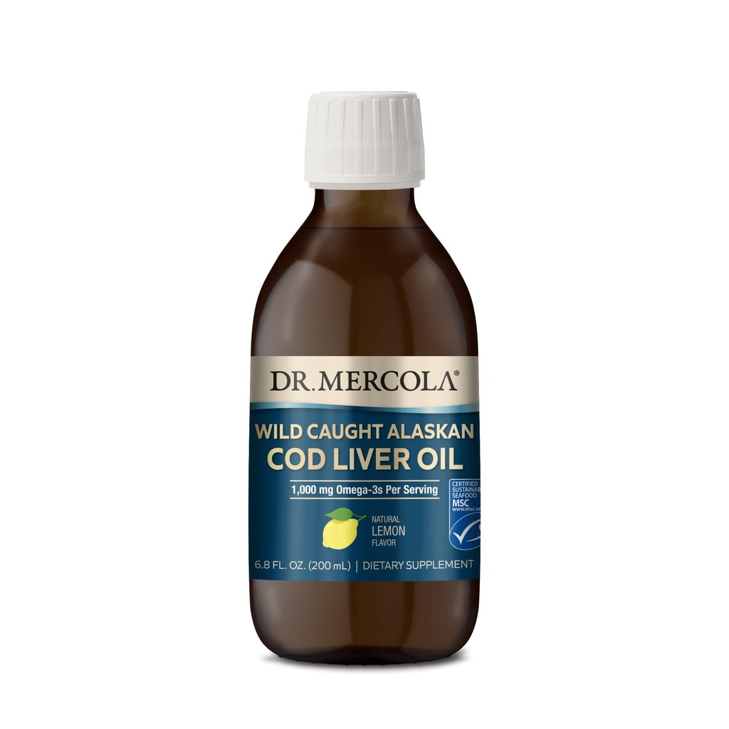 Dr Mercola Wild Caught Alaskan Cod Liver Oil, 6.8 Fl. Oz. (200 ml), 40 Sług, 1000 mg Omega- 3 na Podawanie, Suplement diety, Wspiera Mózg i funkcje kognitywne, Non-GMO, MSC Certified