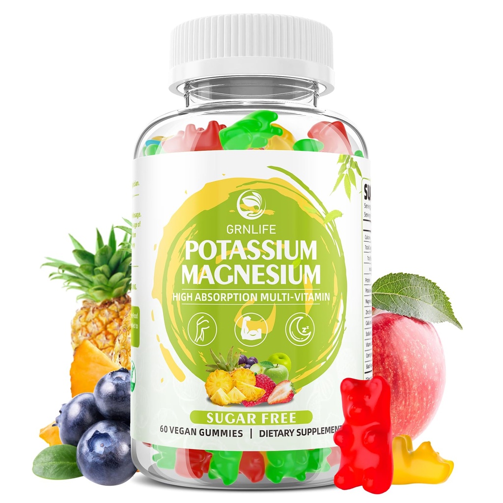 Suplement potasu Magnezu Gummie, Gummie potasu dla dorosłych Dzieci, Wysoka Absorpcja Magnezu Glicynian dla Choroby Nogi i immunologiczne, Bez cukru, Wegańskie mieszane aromaty, 60 Hrabia
