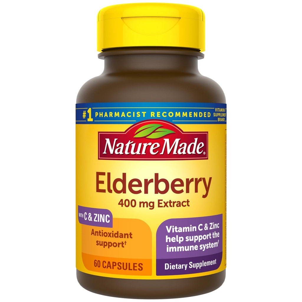 Nature Made Elderberry 400 mg Ekstrakt z witaminą C i cynkiem, Suplement diety do wsparcia immunologicznego, 60 kapsułek, 60 Day Supply