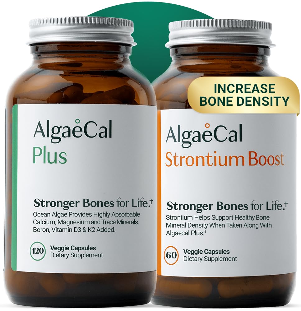 ALGAECAL Bone Builder Pack - Plant Based Calcium Supplement & Stront - Organic Calcium 750mg with witaminy D3 1600 IU, Witamina K2, Magnez, 16 Nutrigents for Bone Health & Density (1- Month Supply)