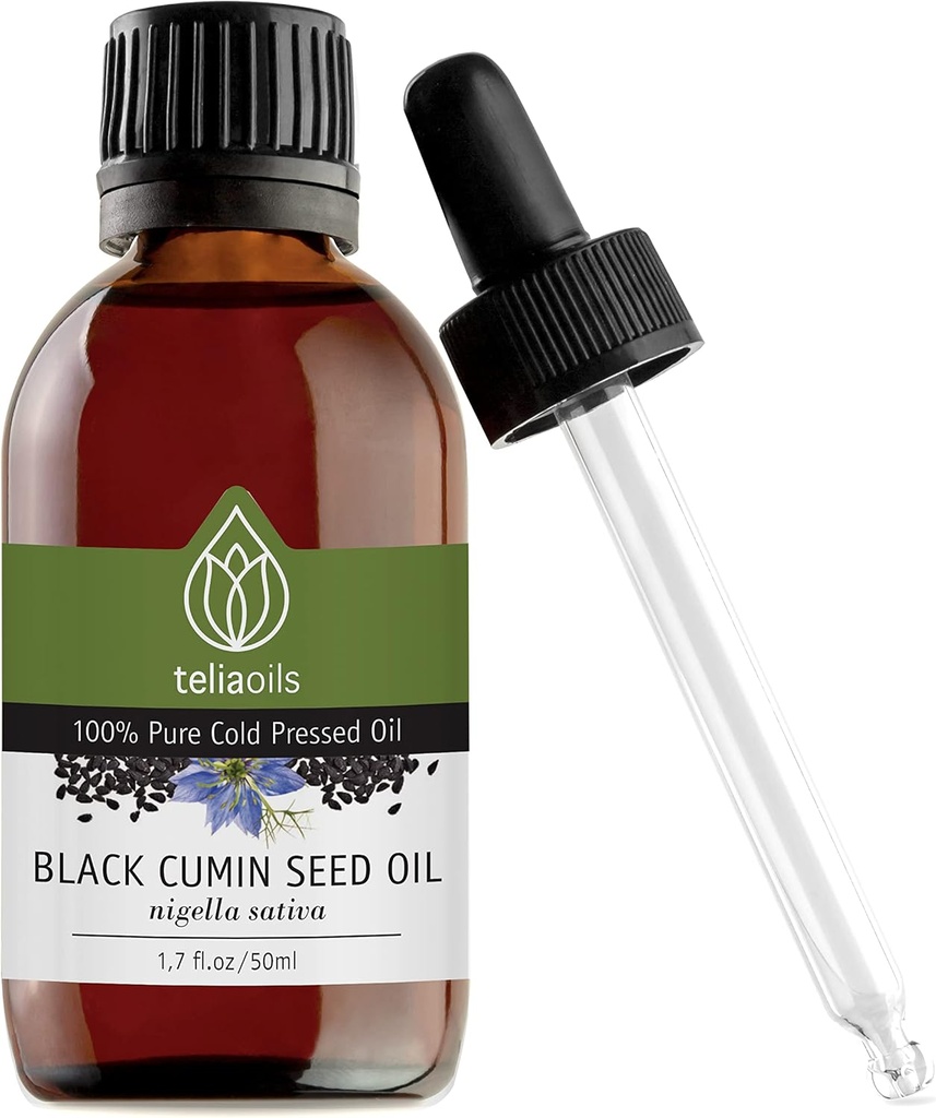 Teliaoils Black Seed Cumin Oil, 100% Czysty, Naturalny, Cold Pressed, Bogaty w Omega-3 & Omega- 6 kwasów tłuszczowych i polifenoli klasy Premium, Dla skóry, paznokci i włosów, doskonały przeciwutleniacz