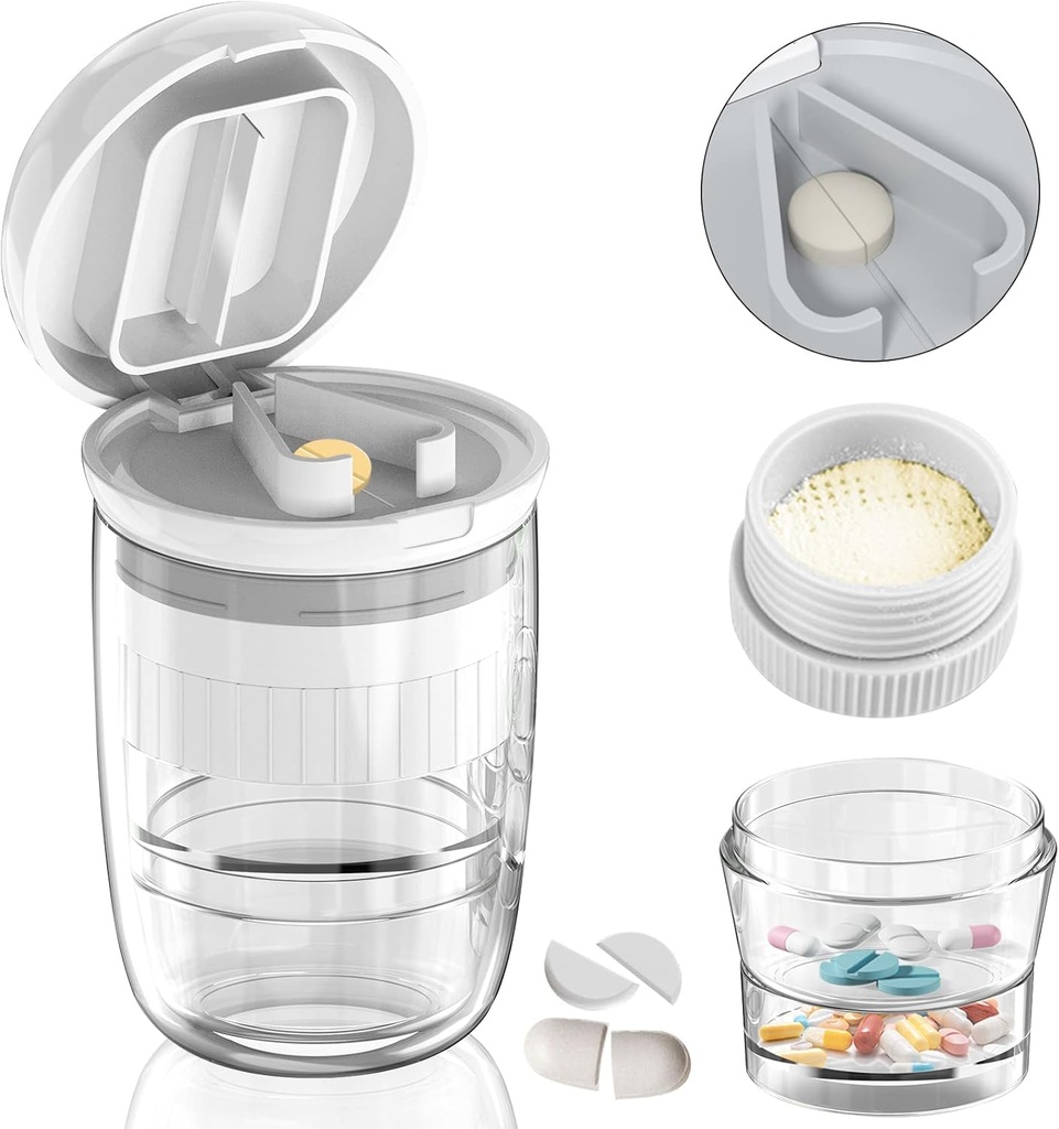 White-1 Pill Splitter i Cutter, kruszy tabletki, witaminy, Stal nierdzewna Blade, Oddzielny Puchar Picia