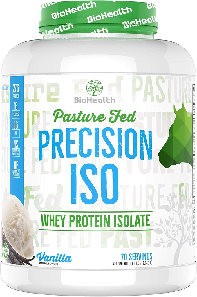 BioHealth Nutrition Precision ISO Vanilla (5lb) Vanilla 124; 27g Premium Pasture Fed Whey Protein Isolate + Amino Acids 124; 70 Servings Vanilla 124; Zero Sugar 124; GMO Free