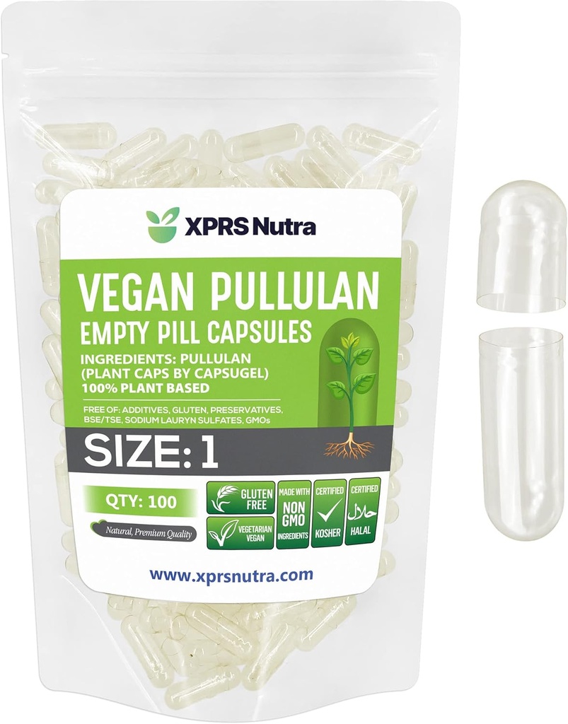 XPRS Nutra Rozmiar 1 Pululan Puste kapsułki - 100 Count Clean Tabel Plantcaps Clear Pusty Vegan Kapsułki - Premium Wegetariańskie pigułki - Do- It- Yourself Vegetable kapsułki Wypełnianie
