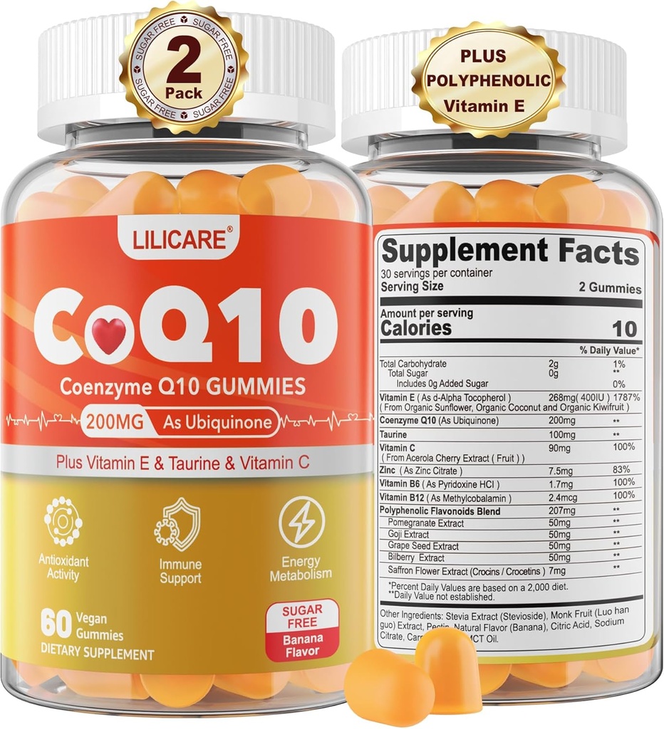 Bez cukru CoQ10 200mg Gumiaki - Koenzym Q10 w / Tauryna, Witamina E, C, B6, B12, Cynk - Wysoka Absorpcja Suplement CoQ10 do Przeciwutleniacza, Energia komórkowa i Hear- t Zdrowie, Wegan 120 C