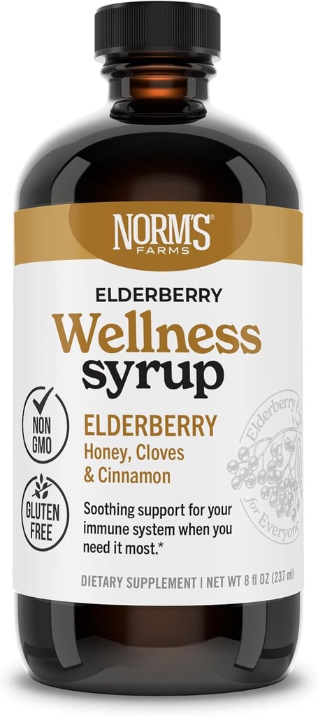 Norm 's Farms Wellness Black Elderberry Syrop z miodem, cynamonem i goździkami - Made in USA, Natural Immune Support, No Alcohol or Fillers, Gluten- Free, Non-GMO, Wegan, Czysty Sok Elderberry Syrop - 8 Oz