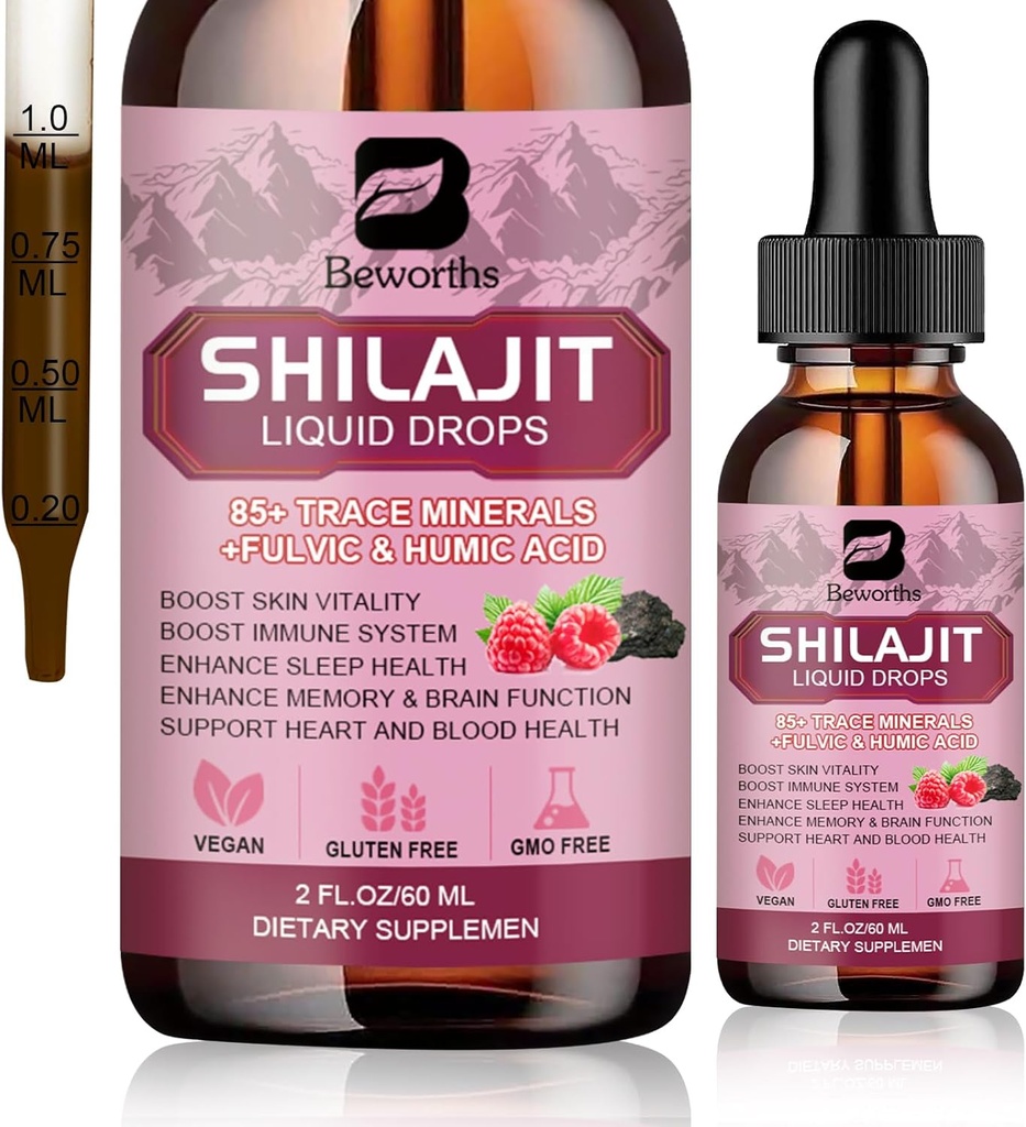 Shilajit Resin płynne krople 124; Organic Shilajit 85 + Ślad Minerałów Complex z Ashwagandha, Turmeric, Ginseng, Suplement Chaga do wsparcia trawienia, Energy Booster - Vegan