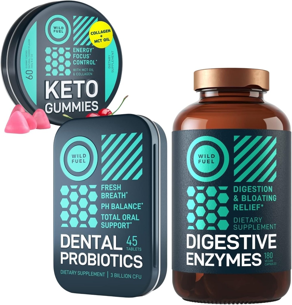 WILD Probiotyki stomatologiczne FUEL, Gumiaki Keto z MCT Oil and Digestive Enzymes Bundle