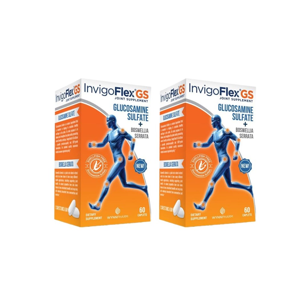 INVIGOFLEX Siarczan glukozaminy (skorupiak wolny, Sodu wolny i Vegetarian Safe) Nie GMO, Gluten wolny - z Boswellia Serrata - Premium Joint Supplement GS - 2 Pack