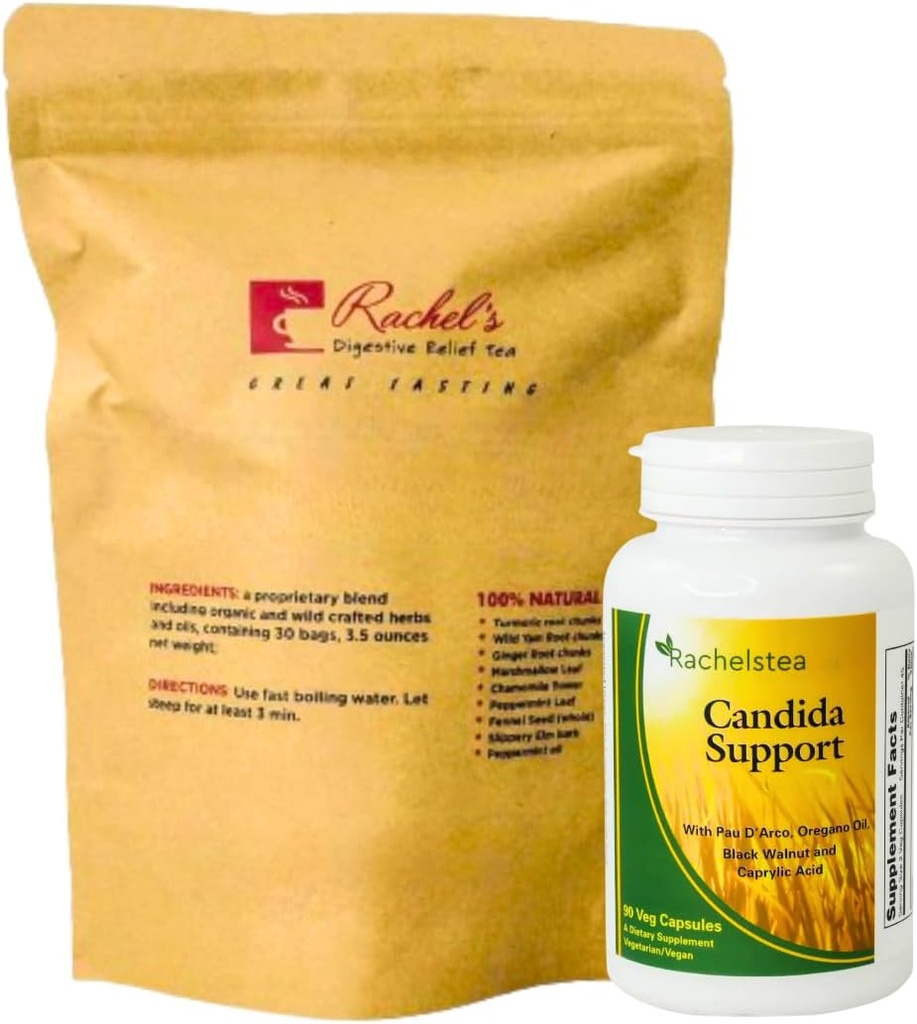 Wsparcie Rachel Tea i Candida: 30 Day Supply Turmeric, Wild Yam, Ginger, Peppermint, Fennel, Slippery Elm + Candida Support kapsułki