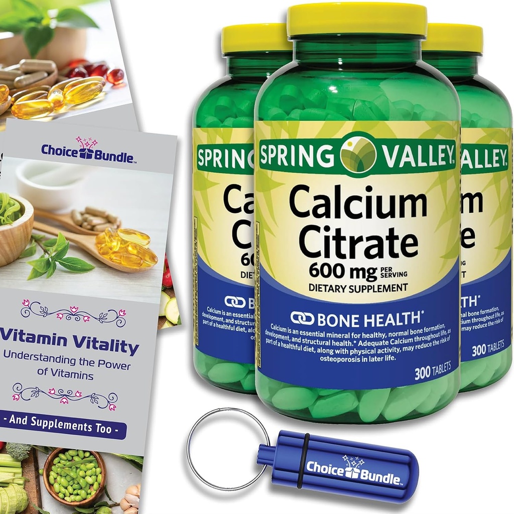 Spring Valley Wapnia Citrate Tablets Dietary Supplement 600 mg 300 Ct 3 pk Choice Bundle (900 Razem) + Witamina Guide & pojemnik na pióro (5 Produkty)!