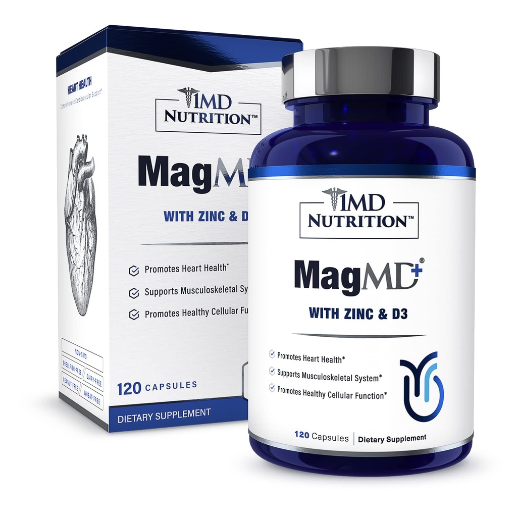 1MD Nutrition MagMD Plus - Magnez z cynkiem & D3 124; Promuje zdrowie serca, wspomaga wytrzymałość kości i mięśni i pomaga układu immunologicznego - 120 Ct