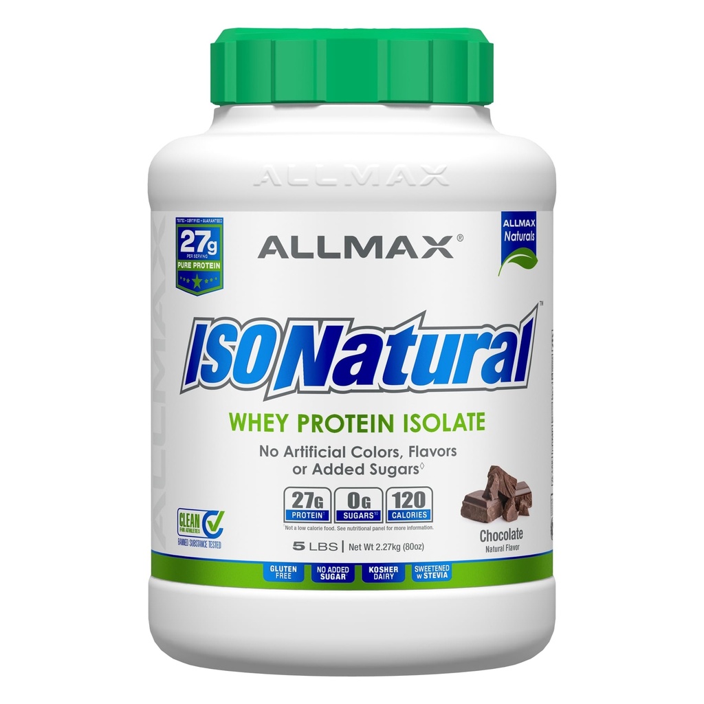 IZONATURAL ALLMAX Izolat białka serwatki, czekolada - 5 lb - 27 gramów białka na miarkę - Zero tłuszczu i cukru - 99% Laktoza wolna - z prebiotykami - bez sztucznych aromatów - około 73 Sługi