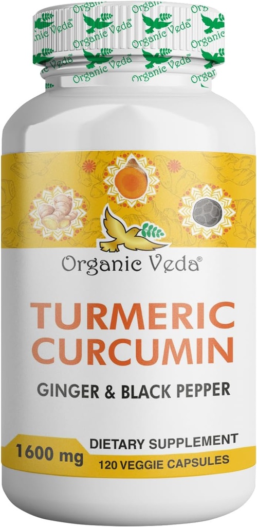 Organiczne kapsułki Veda Turmeric i Ginger 120 Pigułki - Organiczna kurkumina turmerowa z Black Pepper dla wspólnego wsparcia - Nie GMO, Gluten Free, Turmeric i suplement Ginger (95% kurkuminoidy)